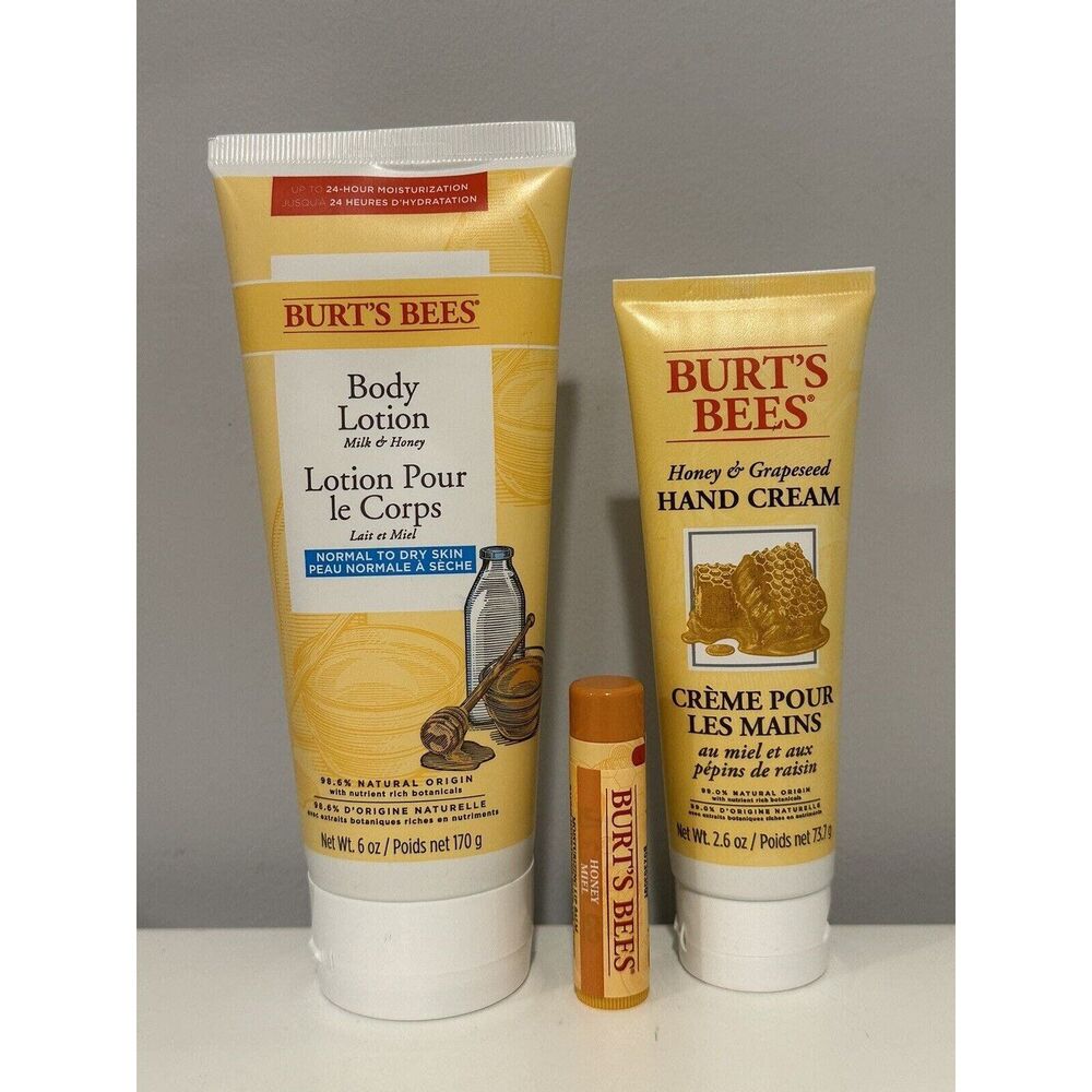 (3) BURT'S BEES Bundle - Milk & Honey Lotion - Honey Lip Balm - Hand Cream New